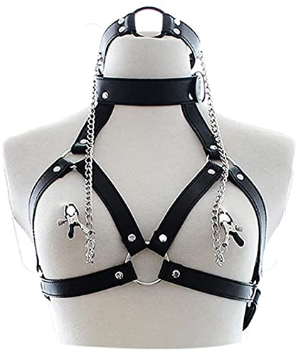SUNSDEW Sex Bondage Nipple Clamp SM Chest Harness Breast Clamp Neck Collar Restraint,Adjustable Bondage Set for Couple SM Sex Game