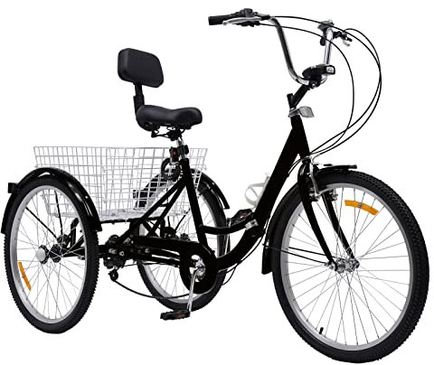 LUNICASHA 24 Zoll Dreirad Erwachsene Klappbar Erwachsenendreirad 7 Gänge Dreirad für Erwachsene Seniorenrad mit LED Licht Getränkehalter Gemüsekorb Schwarz