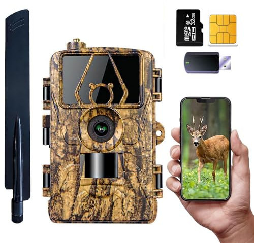 Caméra de Chasse 4G LTE avec APP et Carte SIM, 60MP 8K Camera de Chasse avec Audio, Vidéo en Direct, Vision Nocturne Infrarouge Invisible No-Glow de 20m, Détecteur de Mouvement 0,2s et IP66 Étanche