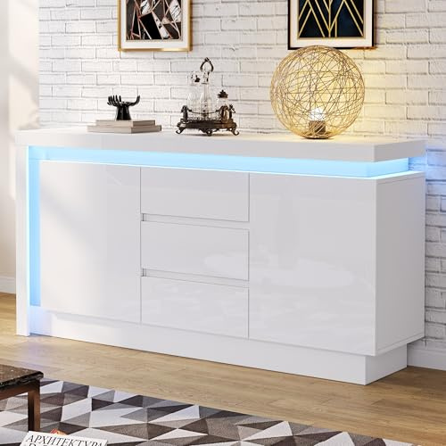 Kayan Kommode, Hochglanz Sideboard mit 2 Türen und 3 Schubladen, LED Beleuchtung (App Control), Mehrzweckschrank für Wohnzimmer und Schlafzimmer, 140 x 35 x 72 cm, Weiß