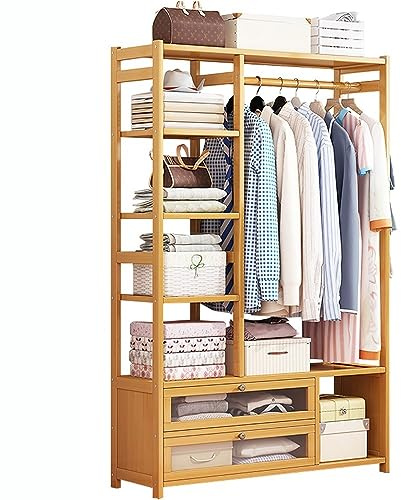 Appendiabiti in bambù con ripiani a 4 livelli, armadio aperto per camera da letto e soggiorno, elegante soluzione di archiviazione, design salvaspazio ed ecologico.
