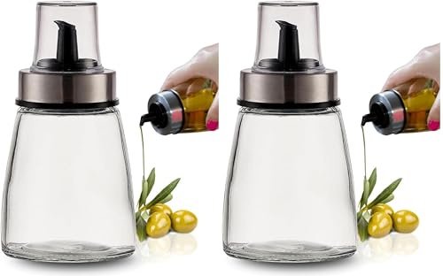 PARENCE.- Botella de aceite de 200 ml con tapón vertedor - Dispensador de vidrio y acero inoxidable - Recipiente para aceite, vinagre, salsa - 6,5x6,5x12,5 cm - Vertido preciso y sin goteo