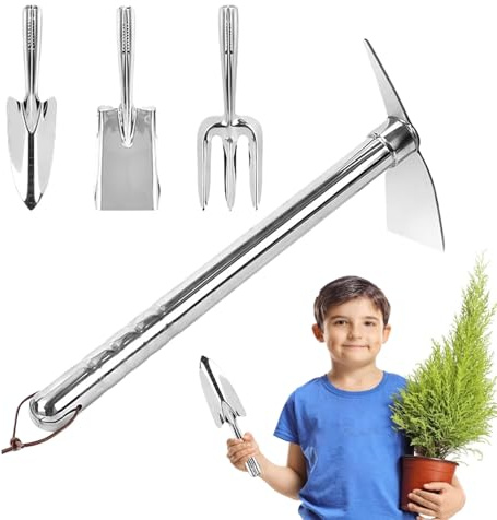 Kit d'outils de Jardinage en Acier Inoxydable - Manche Ergonomique en Acier Inoxydable - Bêche, râteau de Jardin - pour pelouse, Parc, Jardin, terrasse, Ferme, Femmes, Hommes, Adultes, passionnés, j