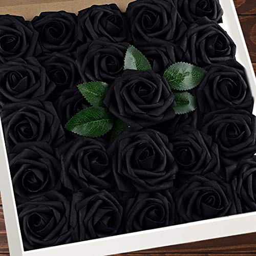 Higfra Artificial Flowers 25pcs Real Looking Black Foam Fake Roses with Stems for DIY Wedding Bouquets White Bridal Shower Centerpieces Arrangements Mothers Day Party Tables Decorations