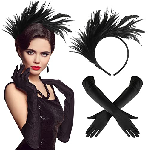 BBTO 2 Pcs 1920s Flapper Headband 1920s Accessories for Women Black Elbow Gloves Vintage Feather Headband Fascinator Long Evening Gloves for Women Halloween Costume Wedding Prom Party