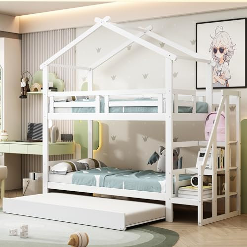 Azkoeesy Litera Infantil con Cama Nido para 3 niños o Adultos, Forma de casita, con protección anticaídas, somier, Escalera, Material Pino, Color Blanco, 90 x 200 cm - N634W0001A