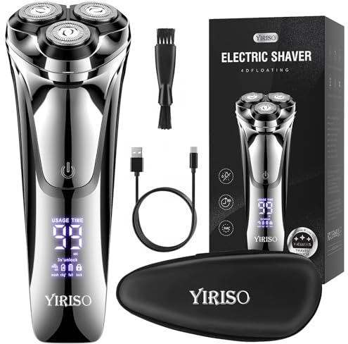YIRISO Electric Razor for Men, 90Min Long-Lasting Rotary Shaver with 4D Floating Head & LCD Display, Ultra Smooth for Sensitive Skin, IPX6 Waterproof, USB-C Fast Charge, with Travel Case - Ideal Gift