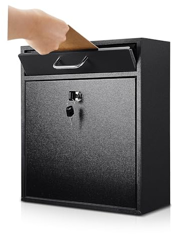 Yaocom Locking Mailbox with Key for Outdoor 12 x 10.5 x 4.7 Inches Large Wall Mount Mail Box with Lock Security Mail Drop Metal Collection Boxes Hanging Secure Postbox(Black)