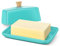 Flexzion Ceramic Blue European Butter Dish with Lid for Countertop (7 Inch) - Wide 2 Stick Double Butter Holder for Counter, Cream Cheese Container Storage Keeper