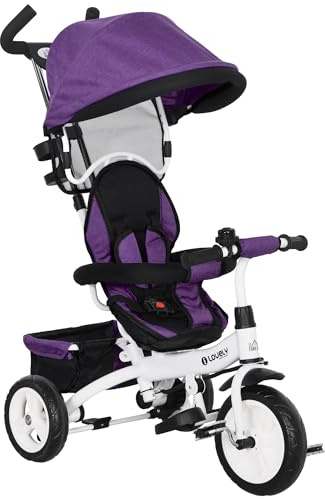 HOMCOM 6 in 1 Baby Trike, Kids Tricycle, Pedal Push Bike w/Parent Handle, Removable Canopy, 5-Point Harness, Storage, Footrest, Brake, for 1-5 Years Toddler, Purple