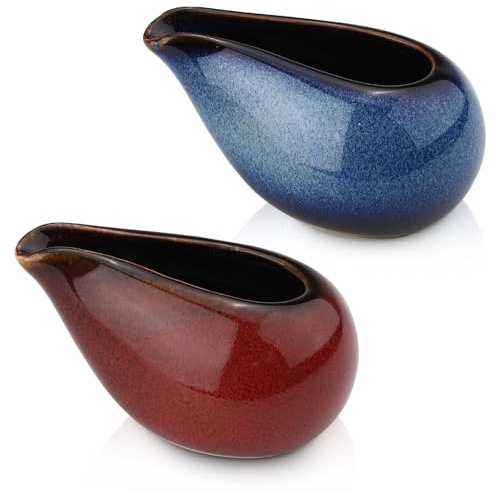 2 Pack Fine Porcelain Gravy Boat, 3.5Oz/100 ml Small Ceramic Creamer Container with Spout, Coffee Sauce Milk Pitcher Set for Breakfast Restaurant Home Salad Dressing (Style B)