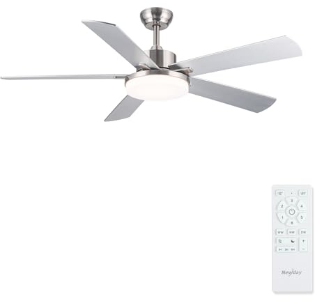 Newday 42” Silver Ceiling Fan with 5 Blade, Quiet Brushed Nickel Ceiling Fan with Remote Control for Bedroom, Reversible Ceiling Fan with LED Dimmable, Memory Function for Living Room