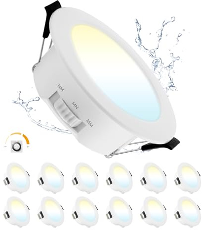 Grebeam LED Spots 68mm 5W Inbyggd Spot 230V Dimbar IP44 Takspots Varmvit, Neutralvit, Kallvit, Dimbar LED Spotlight för Badrum Kök Vardagsrum, Vit, 12-pack
