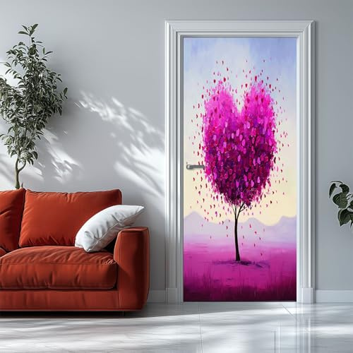 Adesivo murale 3D per porte interne, impermeabile e autoadesivo, in PVC decorazione da parete – Albero a forma di cuore viola fantasy porta poster adesivi per camera da letto soggiorno, 85 x 210 cm