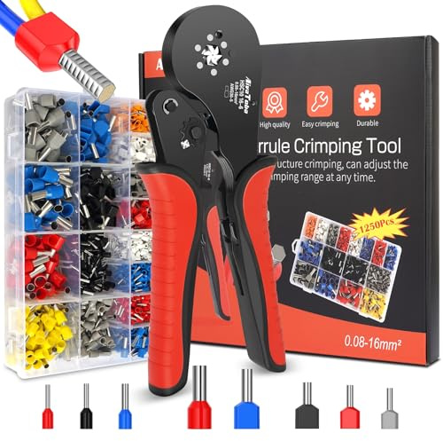 Ferrule Crimping Tool Kit, 6-Side Hexagonal 0.5-16mm² (AWG 22-5) Self-Adjustable Wire Crimping Tool Set with 1250pcs Single & Twin Entry Ferrules for Household & Industrial Work