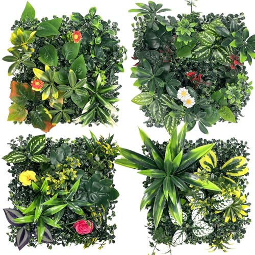 Lxoraziy 4Pcs Artificial Green Wall Panels 25x25cm, Mixed Fake Plant Wall Mat for Indoor Outdoor Wall Decor Garden Fence Privacy Screen -C