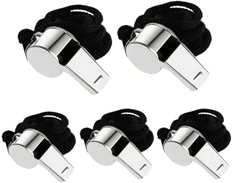 Honoflux 5 Pack Stainless Steel Outdoor Whistles with Lanyard, Loud & Crisp Sound, Ideal for Referees, Coaches