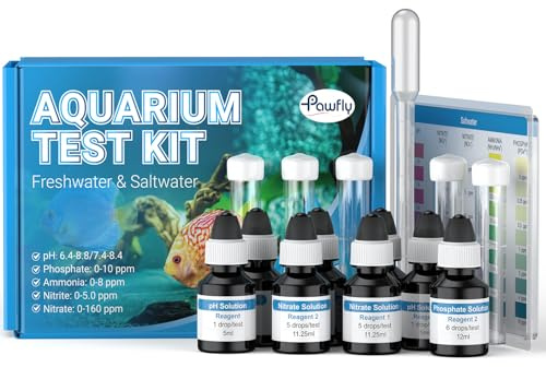 Pawfly Kit de Test d'eau pour Aquarium 5 en 1, Testeur pH Nitrites Nitrates Ammoniac & Phosphates pour Eau Douce et Salée, Trousse d'Analyse pour Bassin à Poissons