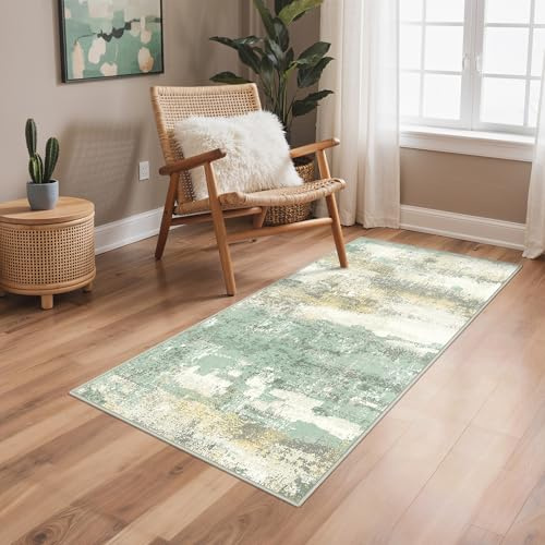 BEIMO Alfombra de Salón de Pelo Corto, Tapetes Abstractos Modernos Antideslizantes y Lavables, Alfombra Pequeñapara Entrada/Cocina/Exterior, Verde Salvia, 60X90CM
