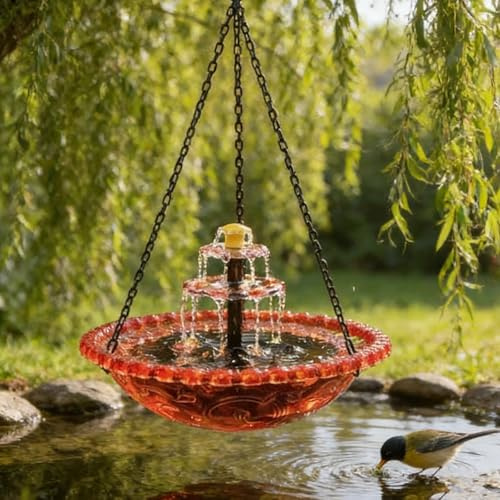 Cascade Hanging Bird Bath Fountain, Solar Powered Cascading Outdoor Water Fountain, Hanging Bird Bath with Flowing Water, Garden Birds for Outdoors Garden Patio Backyard Lawn Decor (Orange)