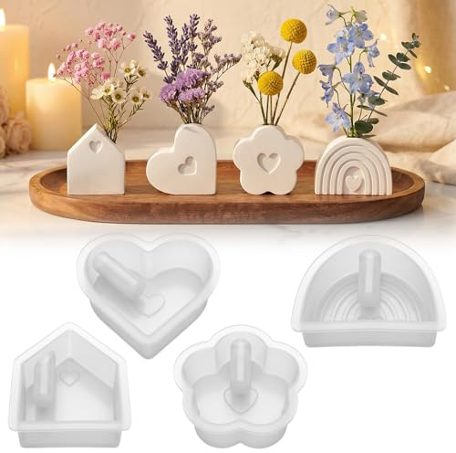 4 Stück Silikonformen Gießformen Kerzenhalter,Silikonform für Kerzen,Kerzenformen DIY Vases Resin,Herz Vase Gießformen,Blumenvase Silikonformen,Handgefertigte Silikonform,Herstellung Stifthaltern