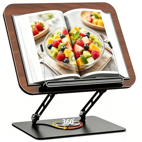 Leggio per Libri in Legno con Base Girevole a 360°, Supporto da Tavolo Ergonomico Regolabile in Altezza, Porta Libri Grandi, di Cucina, Ricette, Tablet e Spartiti, Clip Ferma Pagine