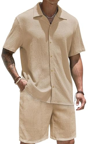 APAELEA Ensemble 2 pièces pour homme - Survêtement d'été - Chemise à manches courtes et pantalon court - Survêtement décontracté respirant pour les vacances et la plage