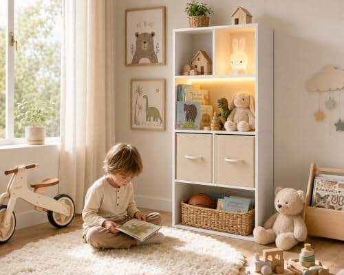 Amveya Estanteria Estrecha Infantil 50x29x121cm, Libreria Vertical para Habitacion Niños, Mueble Almacenaje Blanco con 2 Cajones de Tela y Dispositivo Antivuelco