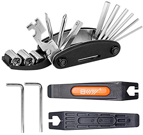 QKURT Kit de Réparation de Mécanicien de Vélo 16 en 1 - Levier de Pneu, Clés Allen, Kit de Clé à Douille pour Tournevis Multifonction - Trousse d'Outils Essential