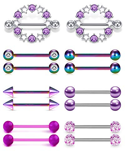 Funseedrr 7 Pares Piercing Pezón Acero Inoxidable 14G 16mm Anillas de Pezón Recto Lengua Barra Piercing Joyas