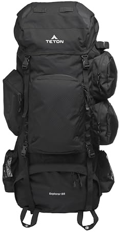 Teton 85L Explorer Internal Frame Backpack for Hiking, Camping, Backpacking, Rain Cover Included, Black