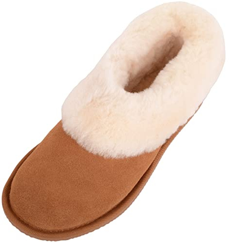 SNUGRUGS Pantoufles en peau de mouton véritable pour femme avec revers épais en peau de mouton, châtaigne, 39 EU