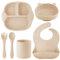Set Vaisselle Silicone Repas Bébé 6 Pièces,Antiderapante Assiette avec Ventouse Bol Tasses Fourche Cuillère Bavoir,Sans BPA Enfant Vaisselle,Set Repas Bébé Passe Lave Vaisselle et Micro Onde,Beige