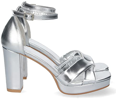 shoes&blues.es 71287 Sandalia de Tacon Alto para Mujer, Comodo, Palas Cruzadas, y Cierre Ankle Strap con Hebilla, Primavera Verano 2023 Plata Talla 39