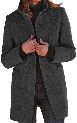 xxxiticat Manteau pour femmes en laine mélangée à col montant chaud, veste longue à boutonnage simple avec poches, tailles S-3XL, Noir , L