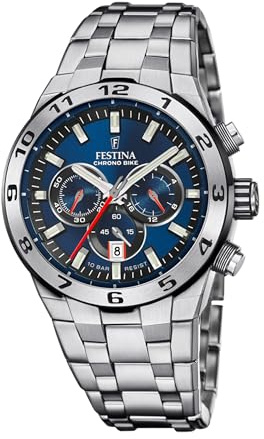 FESTINA Reloj Hombre Analógico de Acero Inoxidable 316l Plateado - Movimiento de Cuarzo - Cronógrafo - Calendario - Cristal Mineral de Alta Resistencia - Resistente al Agua 10 ATM F20670/1 Chrono Bike