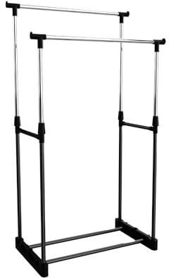 THINIA HOME Perchero de Pie Doble Barra Con Zapatero Plateado | Burro Con Tubería Industrial | Para Tiendas de Ropa, Vestidor, Recibidor, Dormitorio | 77x39x157cm