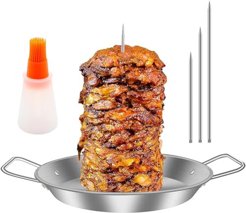 Vertical Kebab Skewer Stand Stainless Steel Chicken Skewers Vertical Skewer Grill Rack with 3 Different Sizes Spikes and Oil Bottle Brush for Whole Chicken Fish Sausage Steak (Silver + Oil Brush)