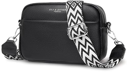 Wenrecu Crossbody Bag for Women, Genuine Leather Women's Cross body Camera Bags Handbag with Adjustable Wide Strap, Over Shoulder Bag for Ladies Girls Travel Shopping Work Daily Use (black)