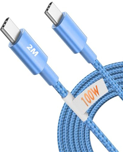 World biz USB C to USB C Charger Cable, New Nylon USB-C to C Cable (2M/6.6FT), 100W (5A) for iPhone 16 15 Pro Max/Plus/Pro, Samsung Galaxy S24/S23/S22/S21,Mac Book Pro 2021, iPad Pro/Air (Blue)