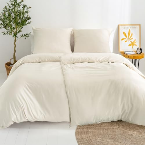 Dreamzie 2 Funda Nordica Algodon Satinado 135x200 cm - Beige - Ropa de Cama, Funda Edredon 135x200 cm y 2 Funda Almohada 80x80 cm - Algodón Satinado - 4 Piezas