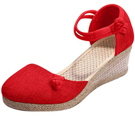 Sandalias para mujer, alpargatas con tacón, color beige, con cuña cerrada, zapatos de verano, de lino, para el tiempo libre, rojo, 34 EU