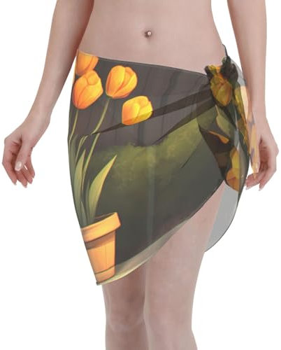 PHAYAH Tulips In A Pot Pattern Swimsuit Coverups For Women Sarong Beach Bikini Wrap Short Skirt Chiffon Scarf For Swimwear