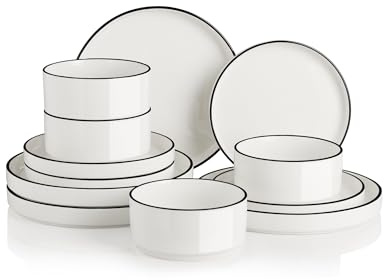 Sweejar Home Service de table 12 pièces en porcelaine pour 4 personnes avec assiettes et bols en céramique - Classique et moderne - Passe au lave-vaisselle et au micro-ondes (bord blanc/noir)