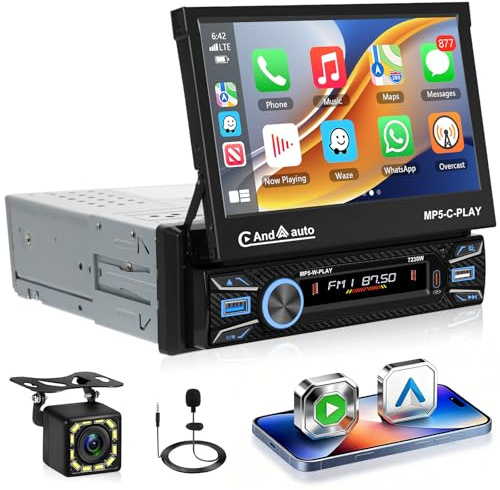 Motorsi 1 Din Autoradio con A-pple Carplay Android Auto, 7 Pollici Schermo Elettrico Retrattile Compatibile Bluetooth, SWC, FM, USB, SD, AUX, Chargge, Controllo Vocale + Telecamera Posteriore