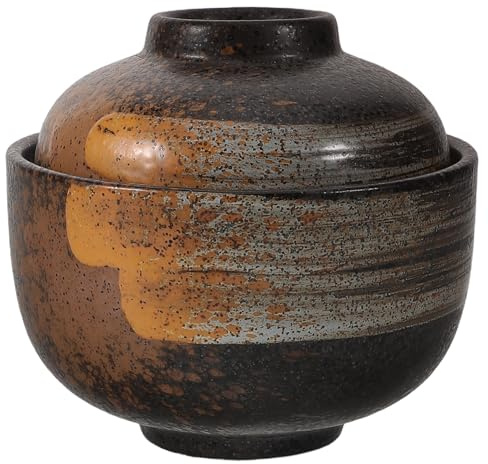SMASOLO Ciotola di Zuppa Asiatica in Ceramica Smaltata con Coperchio, Pentola per Miso e Uova al Vapore, Resistente al Forno, per Cucina Giapponese e Coreana, Uso Quotidiano e Cottura