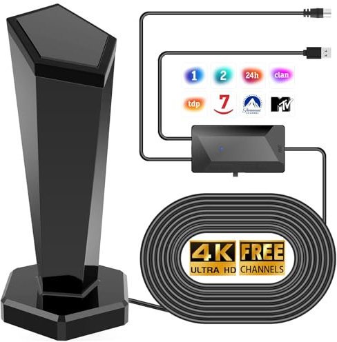 Antena TV Interior Potente 2026, Recepción Largo Alcance 460KM 360° con Amplificador y Base Magnética, TDT/DVB-T2 Señal Estable para Canales Gratuitos 4K/Full HD, Fácil Instalación