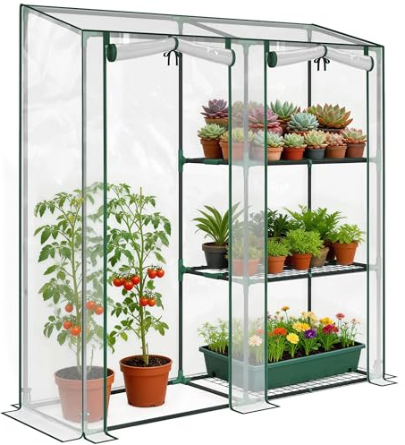 Outsunny Mini Serra a 2 Sezioni con 3 Ripiani, Porte Avvolgibili, Serra per Orto con Struttura in Acciaio e Copertura Plastica, per Piante Orto Verdure Fiori Frutta, Anti UV, 143x45x151cm, Trasparente