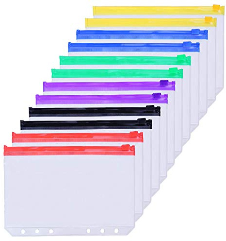 Antner 12PCS A5 Binder Pockets 6-Hole Budget Cash Envelopes for A5 6-Ring Binder, Multicolor Zipper Pouches for Planner Inserts, Money Organizer Bags Savings Challenge Envelopes for Cash Stuffing