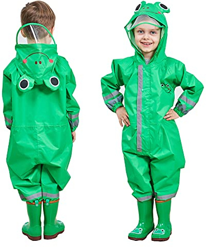 FILOWA Raincoat Kids Hooded Boys Puddle Suit Green Rainwear Lightweight Portable All in One Waterproof Rainsuit Breathable PVC Transparent Brim Zipper Muddy Suit for Childs 5-7 Years